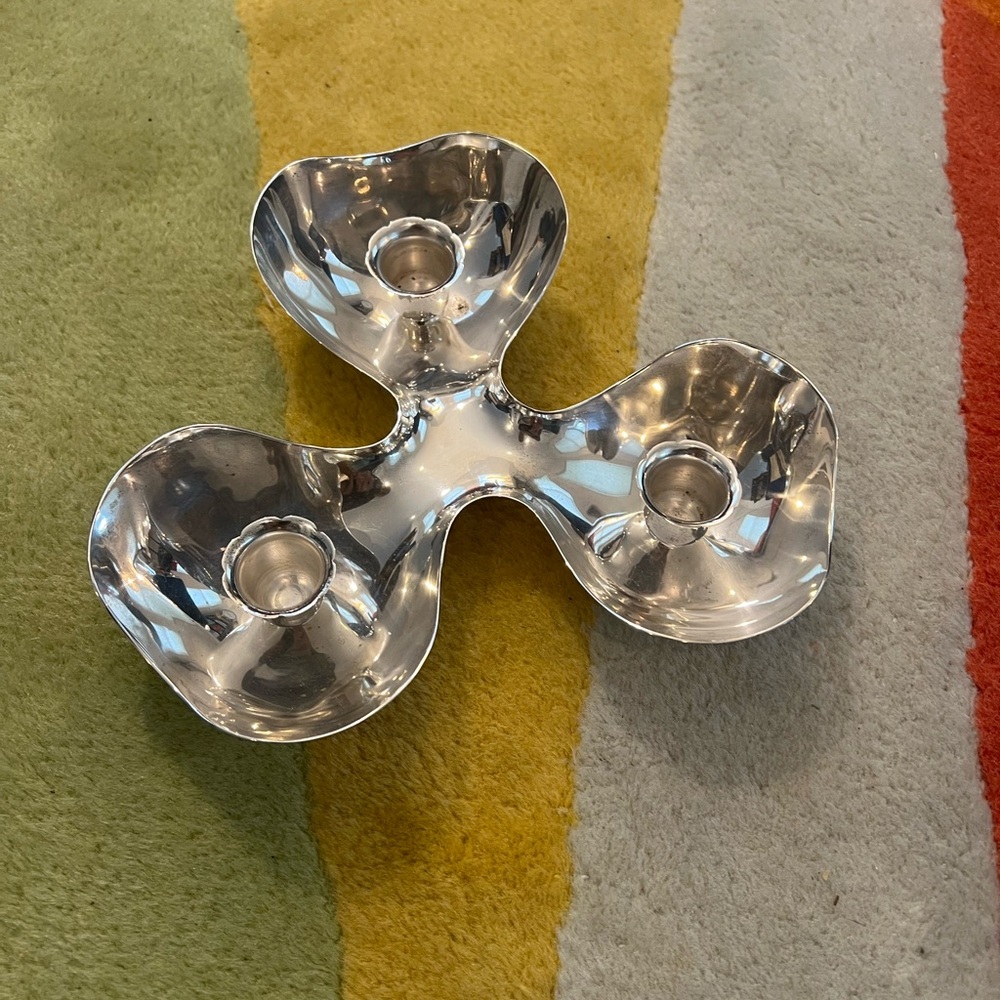 Silver Modernist Triple Candle Holder Petal Shaped
